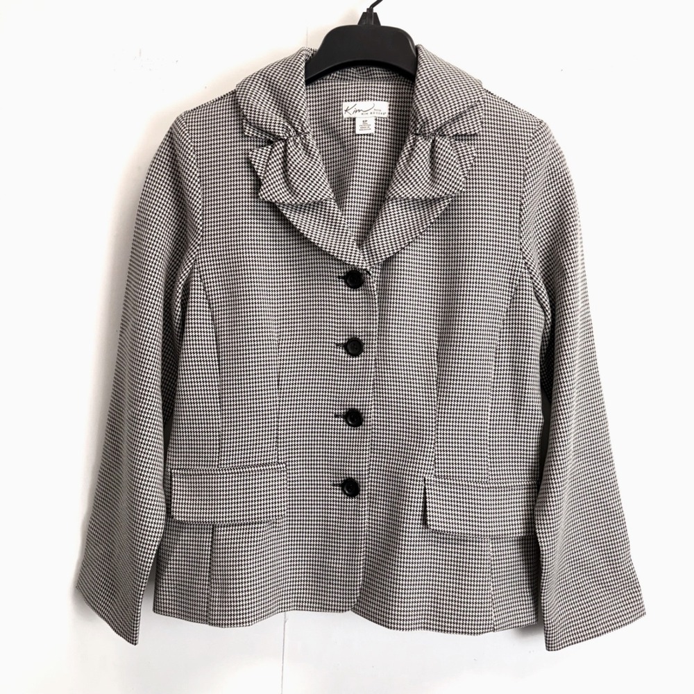Kim Rogers Petite Houndstooth Blazer Ruffle Collar Black White Jacket 6P